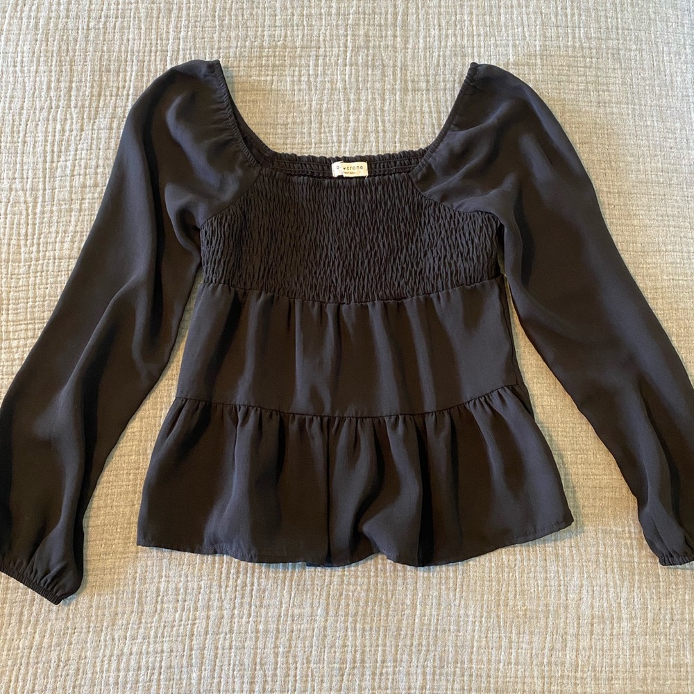 Black Smocked Peplum Blouse